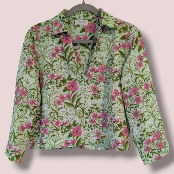 Olivia James The Label Green Pink Floral 100% Linen Long Sleeve Cropped Top - Picture 1 of 9